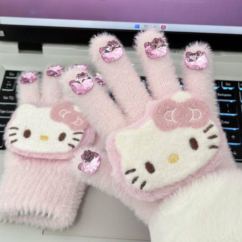 可爱kitty水钻毛绒分指露指触屏儿童手套女冬季防寒防风保暖加厚