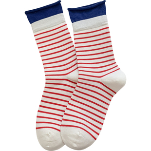 起步韩袜新款条纹袜子女中筒袜春秋卷边长袜韩系ins吸汗女士棉袜