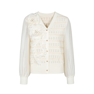 郁香菲V领针织衫女气质通勤春季优雅盘花拼接长袖毛衫套头上衣