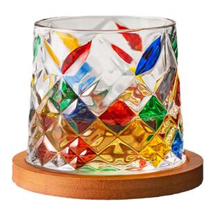 复古浮雕旋转威士忌酒杯钠钙玻璃杯子手绘彩色不倒翁洋酒鸡尾酒杯