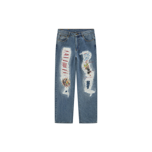 Ed Hardy埃德哈迪冬季新款男士中腰破洞烫钻牛仔长裤