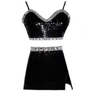 blackpink韩舞女团朴彩英rose同款爵士舞表演黑亮钻片打歌服套装