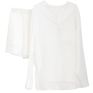 夏莫卡白色衬衫女100%亚麻衬衫短裤套装夏宽松慵懒松紧腰短裤7874