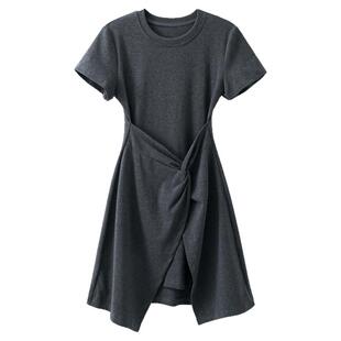 夕蒙2026新款夏季韩系气质裙子日常通勤深灰色短款收腰扭结连衣裙