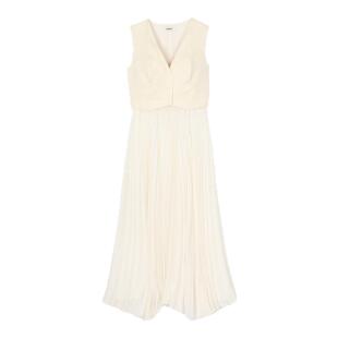 SANDRO2025春夏女装法式气质亚麻假两件拼接浅色长裙百褶连衣裙