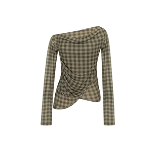 MioraStudio法式复古绿色格子斜肩上衣 优雅气质手工花飘带衬衫