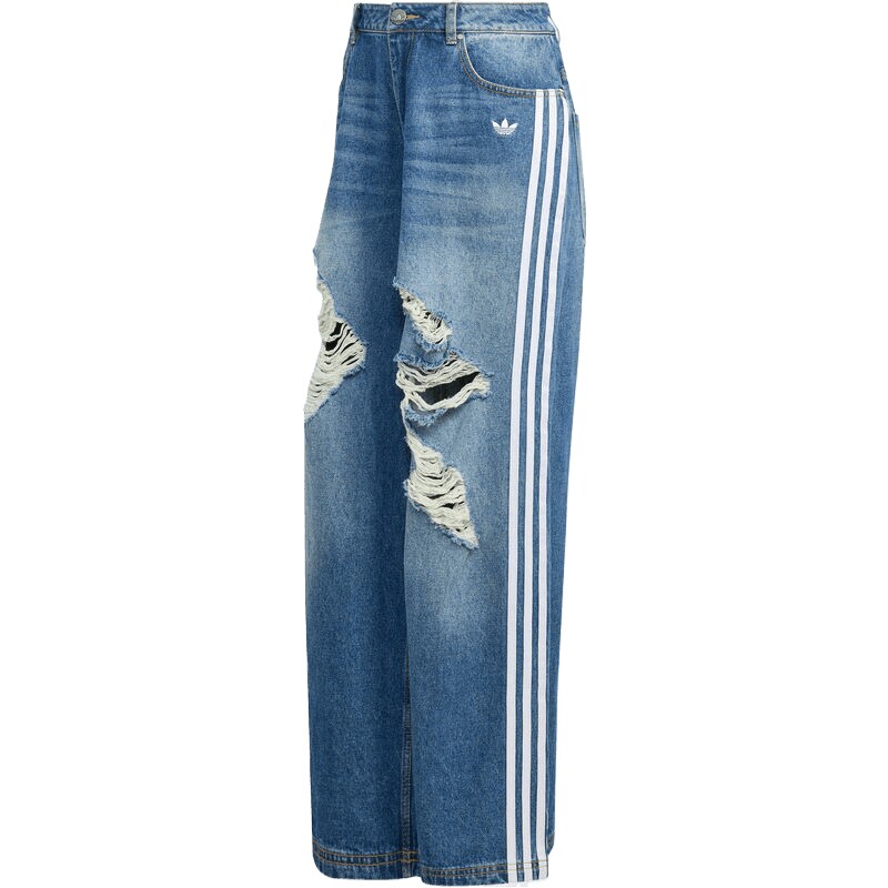 adidas阿迪达斯三叶草女子运动休闲破洞做旧阔腿裤牛仔长裤KE3300