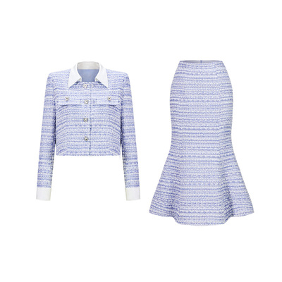 CHICHY蓝色小香风外套长半裙套装