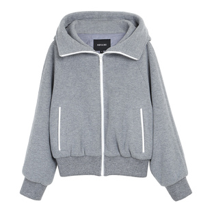 NEVA HU 帅意正浓 黑色立领连帽拉链卫衣女宽松休闲短款夹棉外套