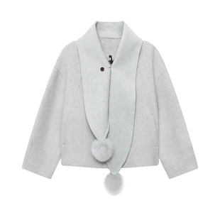 设计感绵羊毛呢外套女带围巾韩系通勤时尚气质小个子短款羊绒大衣