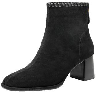 百丽女靴超软羊皮绒面时装靴新款棉鞋优雅高跟通勤短靴B2956DD5