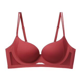 聚拢内衣女小胸显大深V性感无痕无钢圈红色文胸上托防下垂胸罩冬