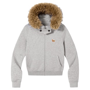 PSO Brand女装可爱小狗毛领连帽休闲灰色卫衣女款修身显瘦外套