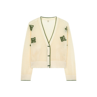 一城画一小众设计感V领格子镂空毛织开衫外套短款毛衫