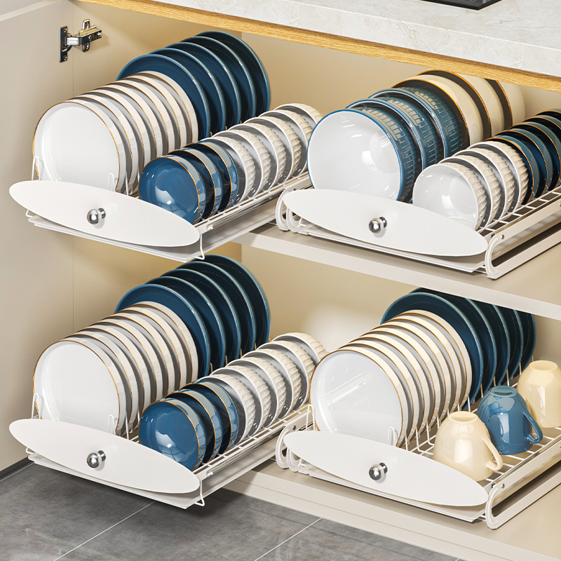 厨房抽拉碗碟收纳架橱柜内置碗架拉篮抽屉式碗盘盘子沥水篮置物架