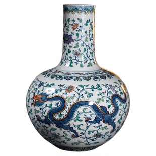 钟家窑陶瓷花瓶纯手工手绘龙凤天球瓶景德镇柴窑青花瓷客厅装饰品