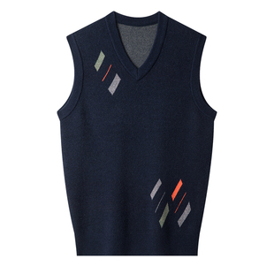 罗蒙男装春秋厚款男士V领纯羊毛背心针织马甲鸡心领套头毛衣坎肩