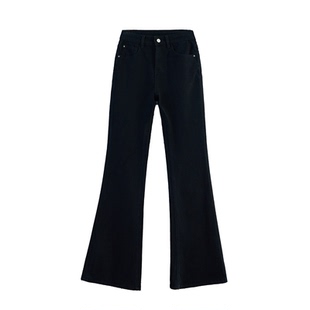 修身不贴腿~高弹力喇叭牛仔裤女高腰显瘦纯黑色翻盖提臀微喇长裤