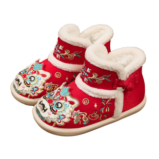虎头鞋男女童冬季加绒宝宝拜年鞋手工古装中国风绣花儿童汉服棉鞋