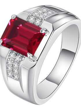红宝石戒指男925纯银镀白金轻奢