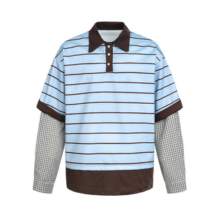 ASTRSK韩系复古条纹假两件学院风POLO衫翻领休闲百搭长袖T恤卫衣