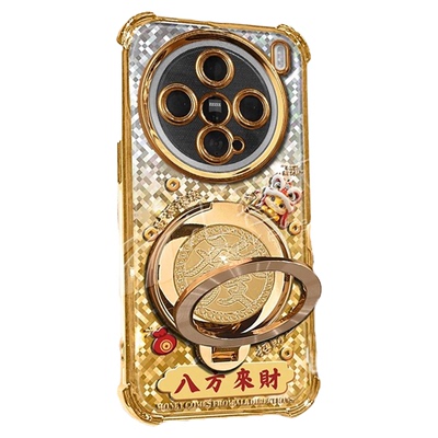 马年八方来财适用vivox200手机壳新款金色电镀四角防摔x100/x90外壳防摔旋转解压支架x200s透明保护套女款