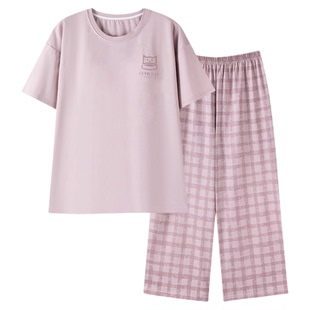 芬腾可安睡衣女款2026新款夏季纯棉带胸垫短袖七分裤女士套装夏天