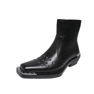 方头切尔西靴男冬季铆钉铁头朋克风中帮短靴潮牌拉链高帮马丁皮靴