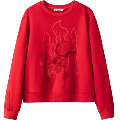 播商场同款新年红色圆领卫衣女24冬季新款宽松刺绣上衣BDR4VD3978