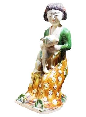 高水旺唐三彩梳妆女坐俑客厅摆件