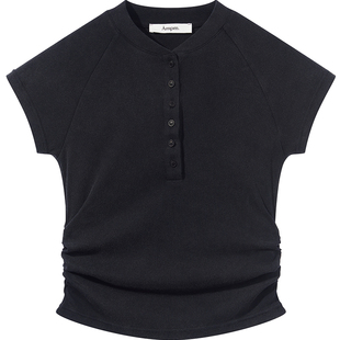 7AM10PM 复古做旧水洗黑亨利领短袖T恤女 小众抽褶修身气质上衣女