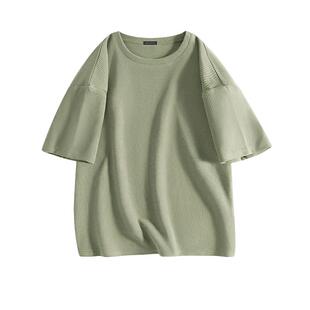 名创优品白色正肩t恤男士夏季重磅长袖秋季华夫格短袖男款打底衫Y