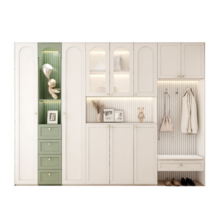美式鞋柜玄关柜一体靠墙奶油风入户到顶衣帽柜家用门口实木隔断柜