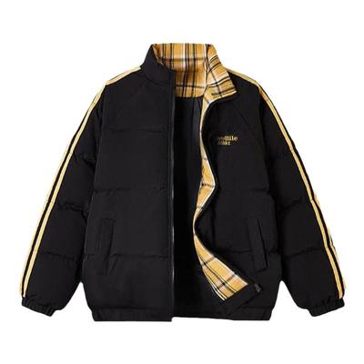 美式短款撞色格子棉服男款冬季三条杠立领外套加厚羽绒棉袄面包服