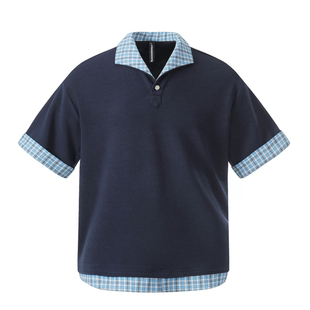 XOL 原创高智感miu系假两件格纹拼接短袖POLO衫男宽松潮牌情侣T恤