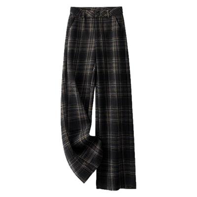 复古格子毛呢阔腿裤女秋冬新款