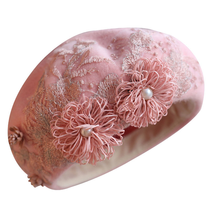 粉色蕾丝刺绣冬季厚款画家贝雷帽