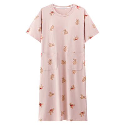 夏季短袖睡裙女睡衣带胸垫一体韩版中长款睡衣裙女生可外穿家居服