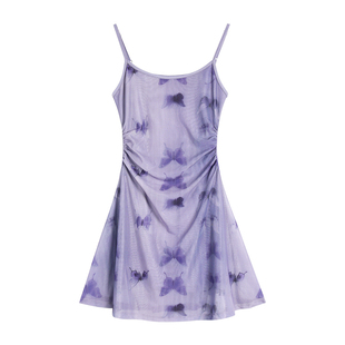 pusumede 水墨蝶影 紫色蝴蝶印花网纱吊带连衣裙女设计感收腰短裙