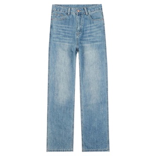 拉夏贝尔满天星烫钻牛仔裤女春秋2026年新款亮闪闪带钻窄版阔腿裤