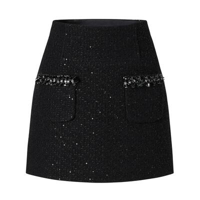小香风粗花呢珠钻装饰半裙