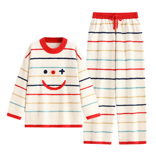 悦内半边绒睡衣女冬款秋冬季珊瑚绒加厚加绒保暖家居服时尚多巴胺