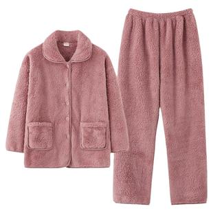 妈妈款睡衣女秋冬季珊瑚绒保暖中年中老年人加绒加厚法兰绒家居服