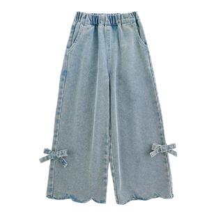 幼悠女童小蝴蝶结牛仔裤2025夏季清新元气波浪密边百搭休闲裤子潮