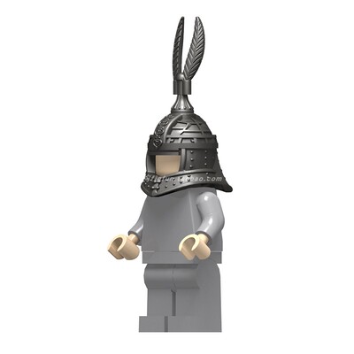 国产小颗粒拼插积木人仔配件 中古城堡骑士士兵 带羽饰盔缨头盔