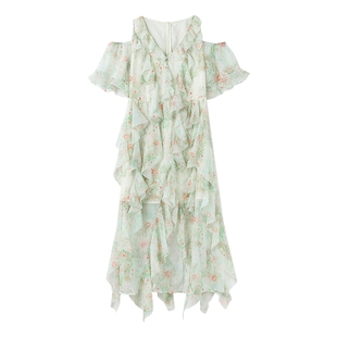 MISS COCOON海边度假荷叶边连衣裙女2025秋季新款V领露肩碎花裙