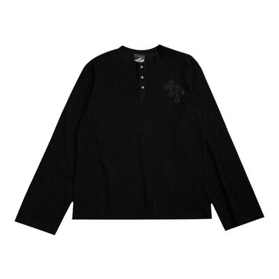 华夫格复古金属纽扣领纯棉长袖T