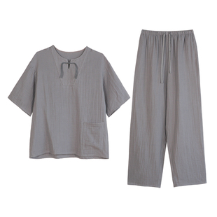 26春夏纯棉双层棉纱男女同款短袖睡衣宽松休闲家居服套装朵朵可可