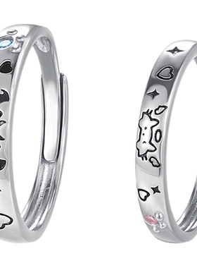 s925纯银猫狗日记情侣戒指小众设计感甜酷风卡通图案对戒个性指环