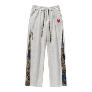 查尔斯桃心 小熊织带裤子男2025年春秋季直筒宽松休闲阔腿长裤子